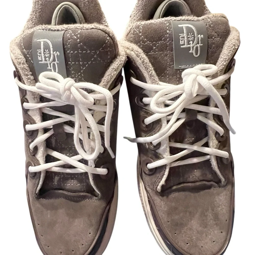 Dior Gray and White High-Top Sneakers with Suede Finish